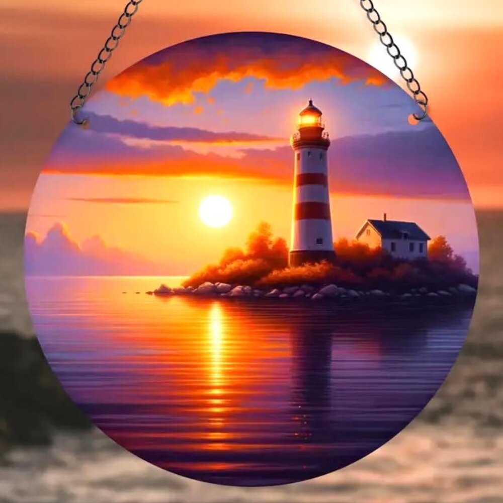 Lighthouse Suncatcher Ocean Sea Sunset Metal Hanging Chain Window In/Outdoor